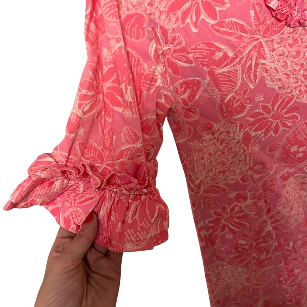 Lilly Pulitzer Pink Floral Pineapple Shift Dress Ruffle Sleeve Keyhole Back - Picture 6 of 6